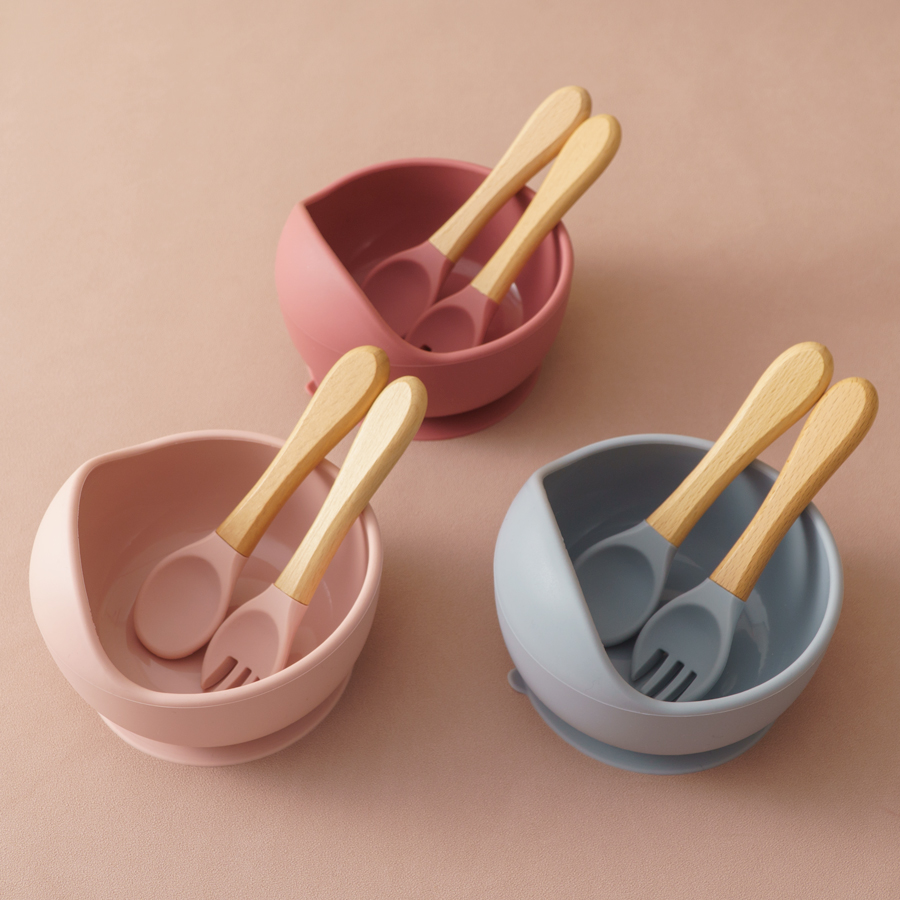 Baby Food Dinner - 3 個ベビーシリコーンディナーセット食品グレードの食器セット子供のための木製ハンドルスプーンフォーク給餌トレーニングベビー食器ベビー用品