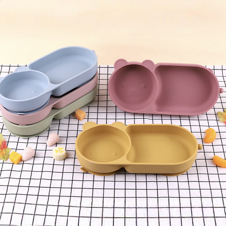 Baby Food Processor - ベビーシリコーン吸盤ボウルかわいいクマのデザインマカロンカラー 100% 食品グレードのシリコーン BPA フリー食事用のダブルプレートデザイン