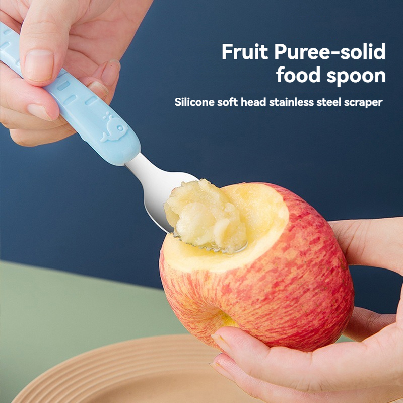 Baby Food Apple - ベビーフードスクレーパースプーン - デュアルヘッドアップルピューレメーカー＆フルーツピーラー、シリコン製幼児用給餌ツール、簡単洗浄デザイン付き
