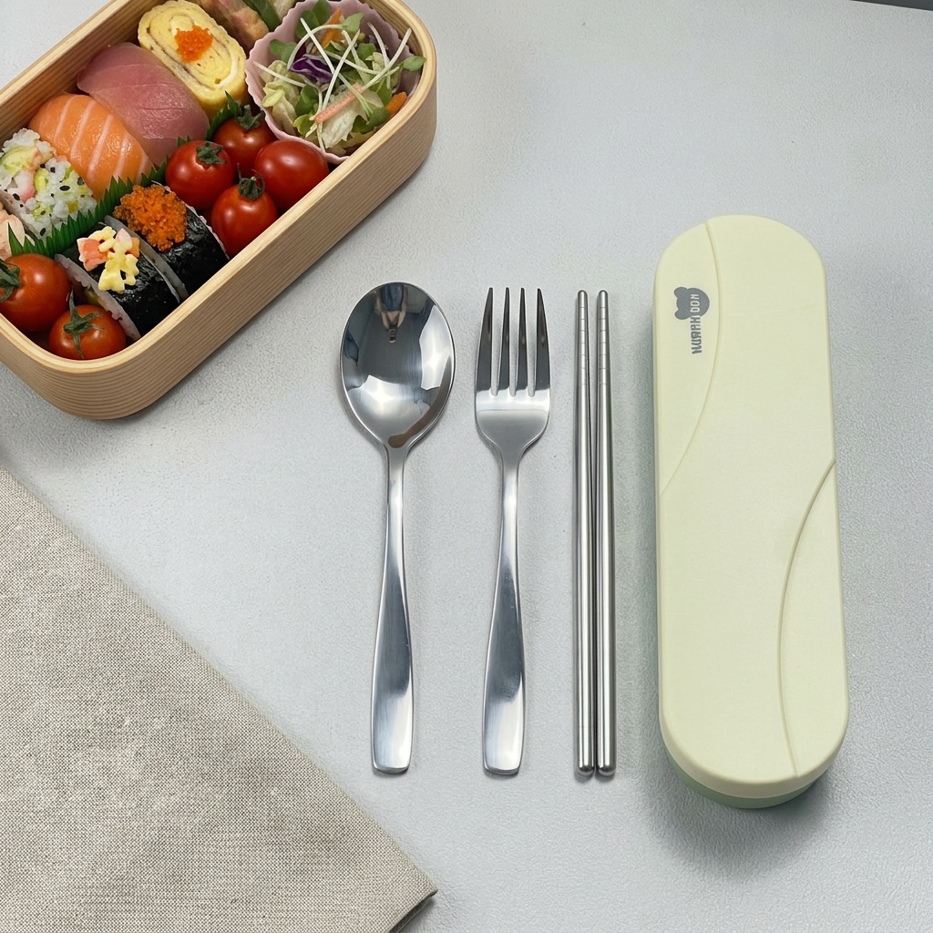 Weaning Spoon Set - 携帯用カトラリーセット ステンレス製食器 フォークとスプーン 箸 旅行 キャンプ用カトラリーホルダーケース