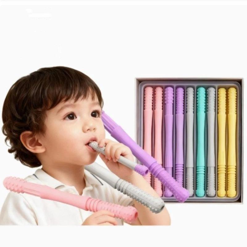 Baby Food Youtube - 食品グレードの子供用噛みチューブ、言語療法用歯マッサージャー、中空臼歯ストロー、歯が生える際の不快感を和らげる安全なベビー歯固め