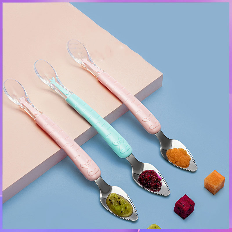 Baby Food Apple - リンゴのピューレを食べるための双頭スクレーパースプーン、フルーツピューレをこするためのスクレーパースプーン、授乳や離乳食補助用のツール