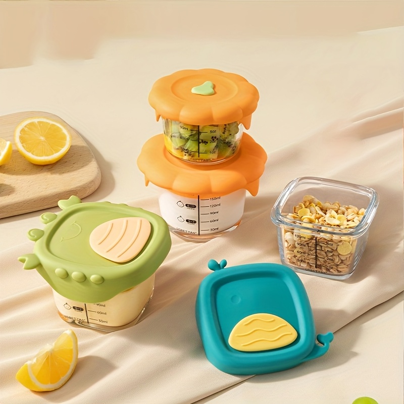 Baby Food Glass Containers - 120/180ml ガラス製ベビーフード容器 目盛り付き シリコンカバー付き 可愛い収納ボックス 耐熱性