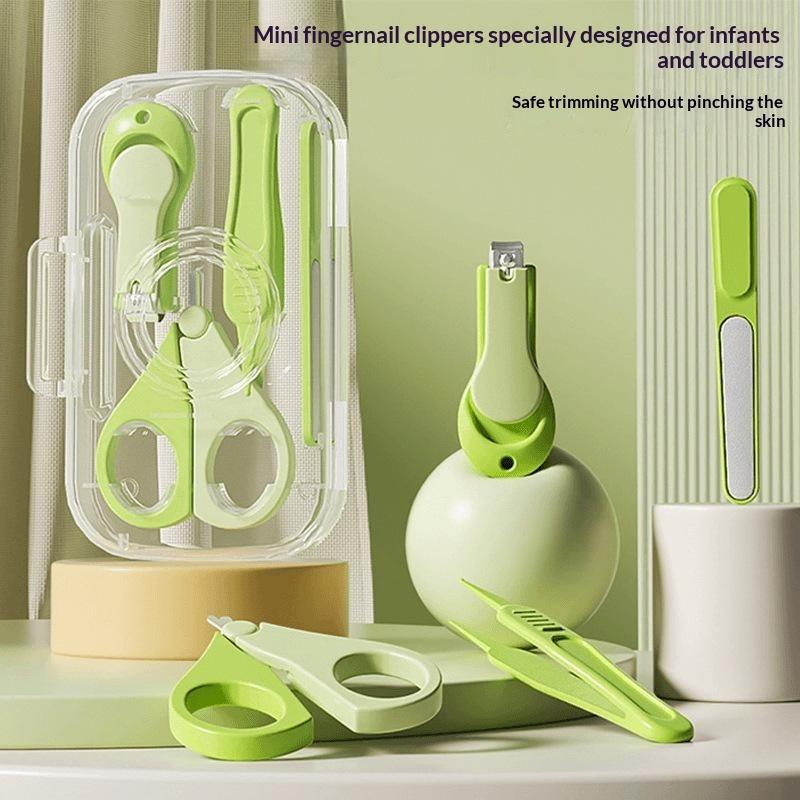 Baby Food Scissors - 食品グレード素材のベビーネイルケアセット4点セット、新生元用爪切り、ハサミ、トリマー、ピンセット、収納ボックス付き