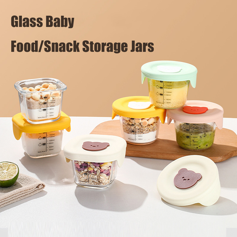 Baby Food Glass Containers - ふた付きベビーフード収納ジャー、幼児用の漏れ防止スナックピューレ容器、冷凍庫電子レンジ対応給餌ボウル、180ml