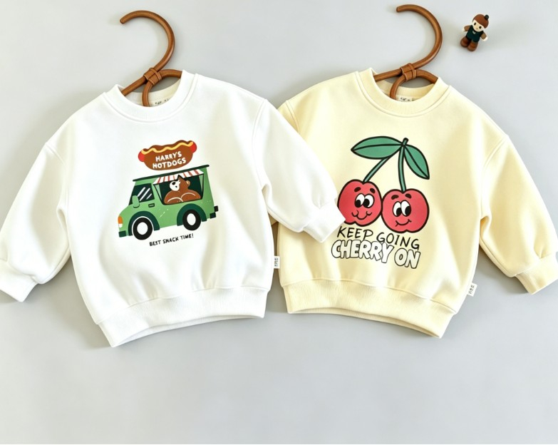 Baby Food Apple - 小さな子供用クルーネックスウェットシャツ、フードトラック、チェリーとアップルのプリント、ルーズフィットプルオーバー、子供服、ベビー用、デイリーシンプルプルオーバートップ