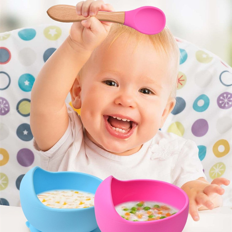 2 ピース/セットベビーシリコーンスプーンフォーク木製ハンド - Baby Food Feeder のレビューと価格